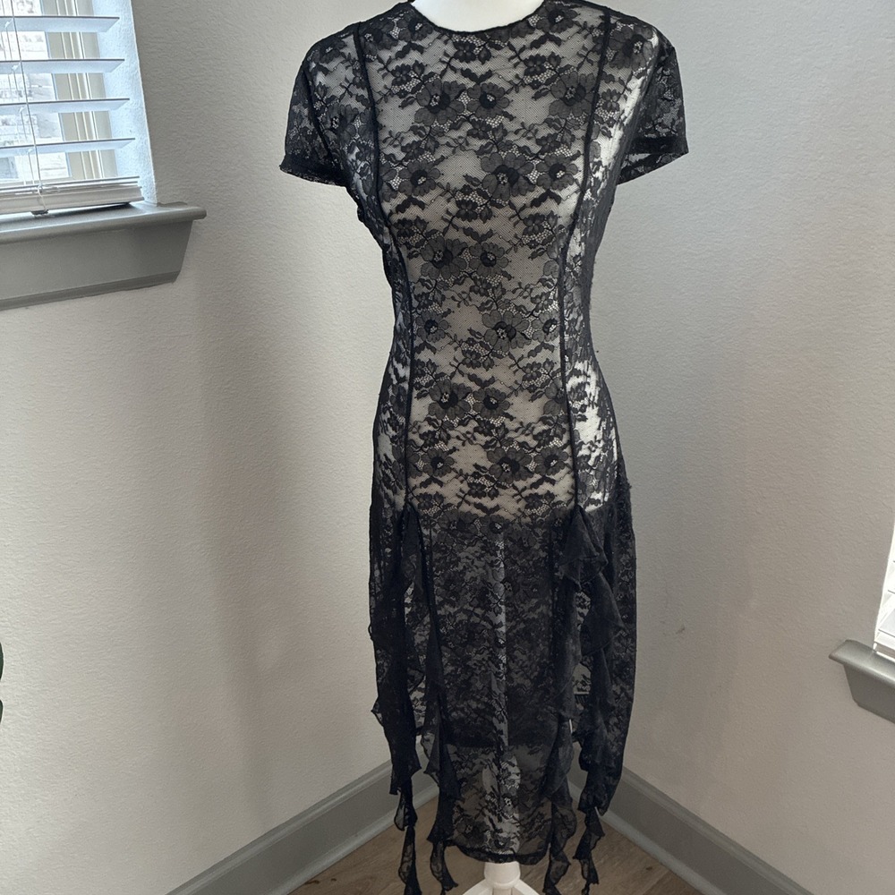 Whimsigoth Black Lace Sheer Sleeve Midi Dress Whimsigoth Dark‎ Romantic Sz Large